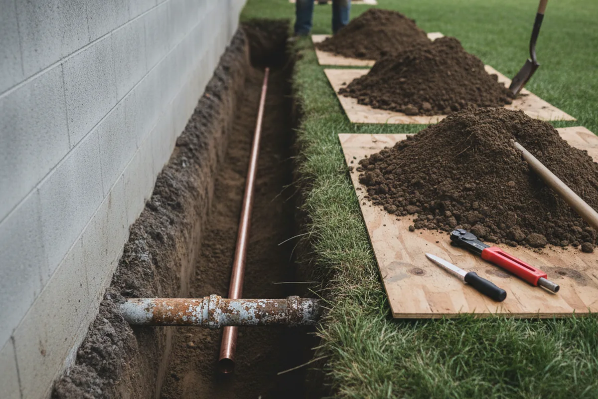 Excavated water line trench during Sewer Line Repair in Orwigsburg